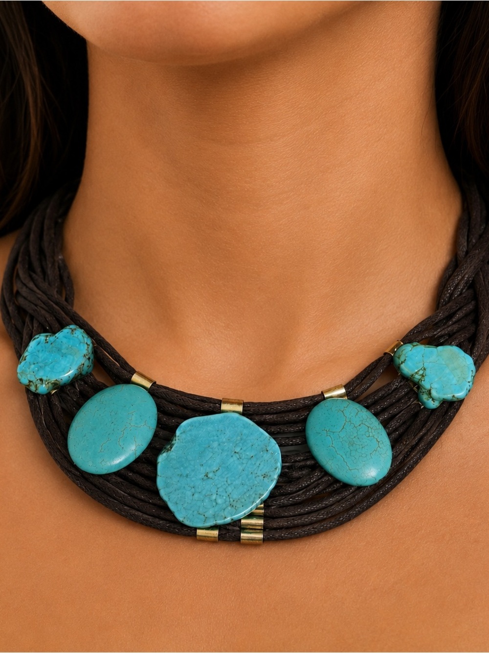 NEW Boutique Boho Brown Leather Multi-Strand Turquoise Stone Statement Necklace